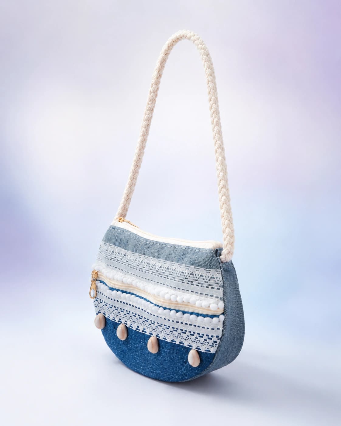 Blue Crescent Crossbody Bag with Shell Accent