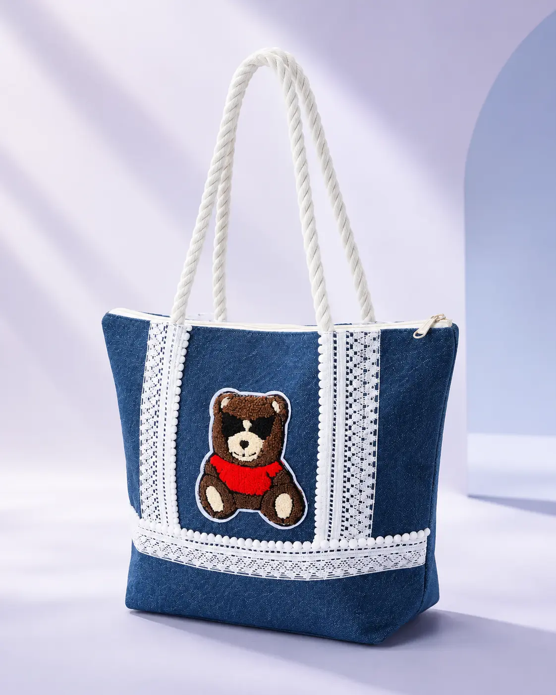 Blue Denim Tote Bag with Brown Teddy Patch