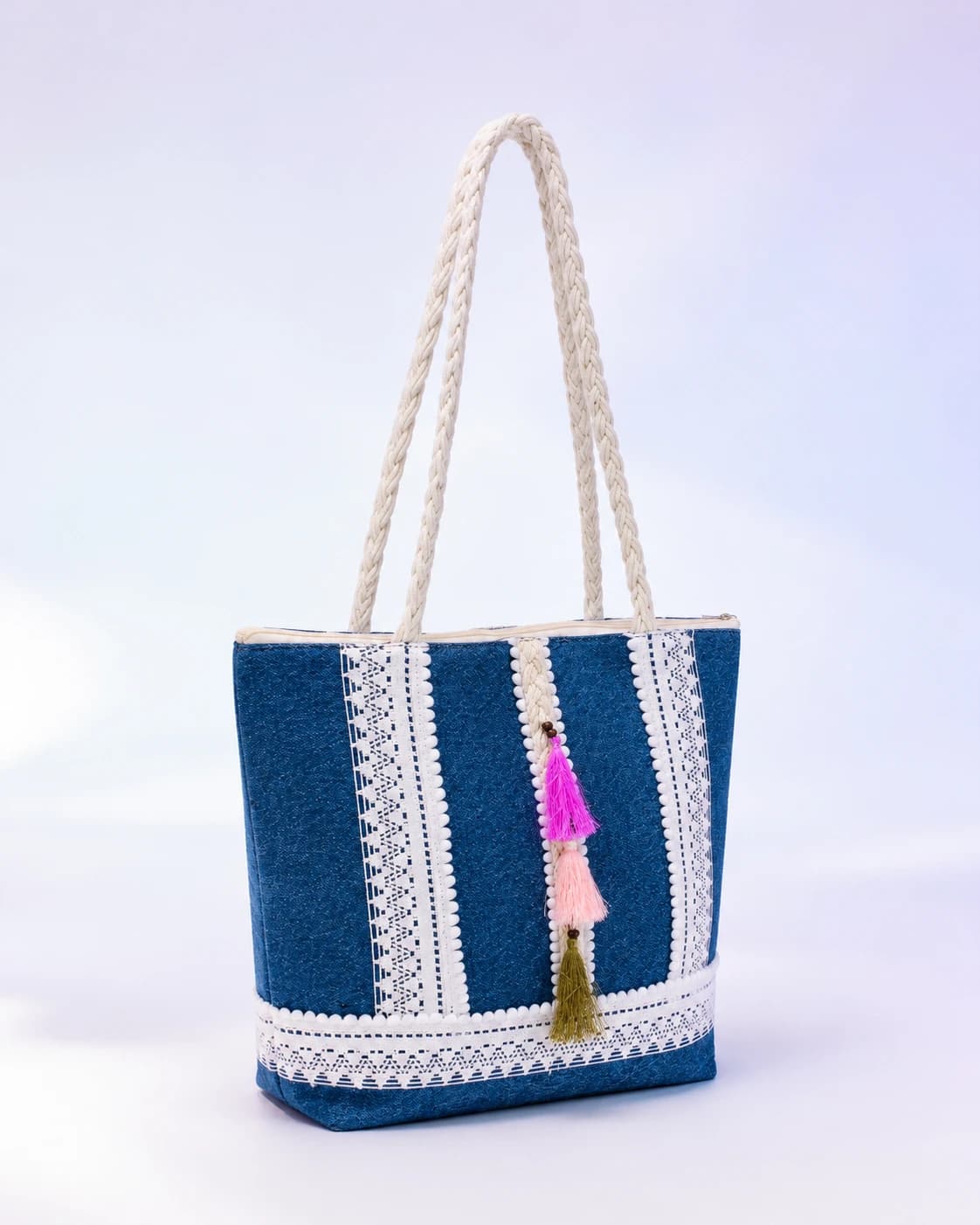 Blue Denim Tote Bag with Colorful Tassel Detail