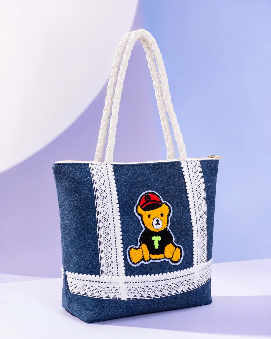Blue Denim Tote Bag with Hat Teddy Patch