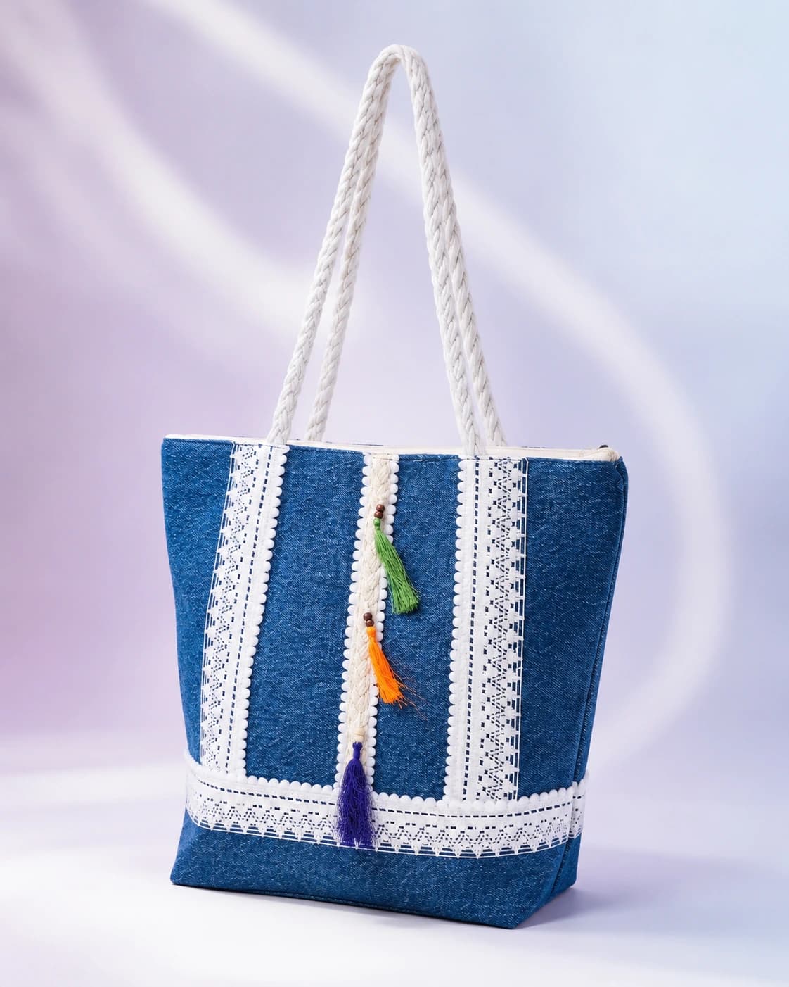 Blue Denim Tote Bag with Multi-Color Tassel Accent