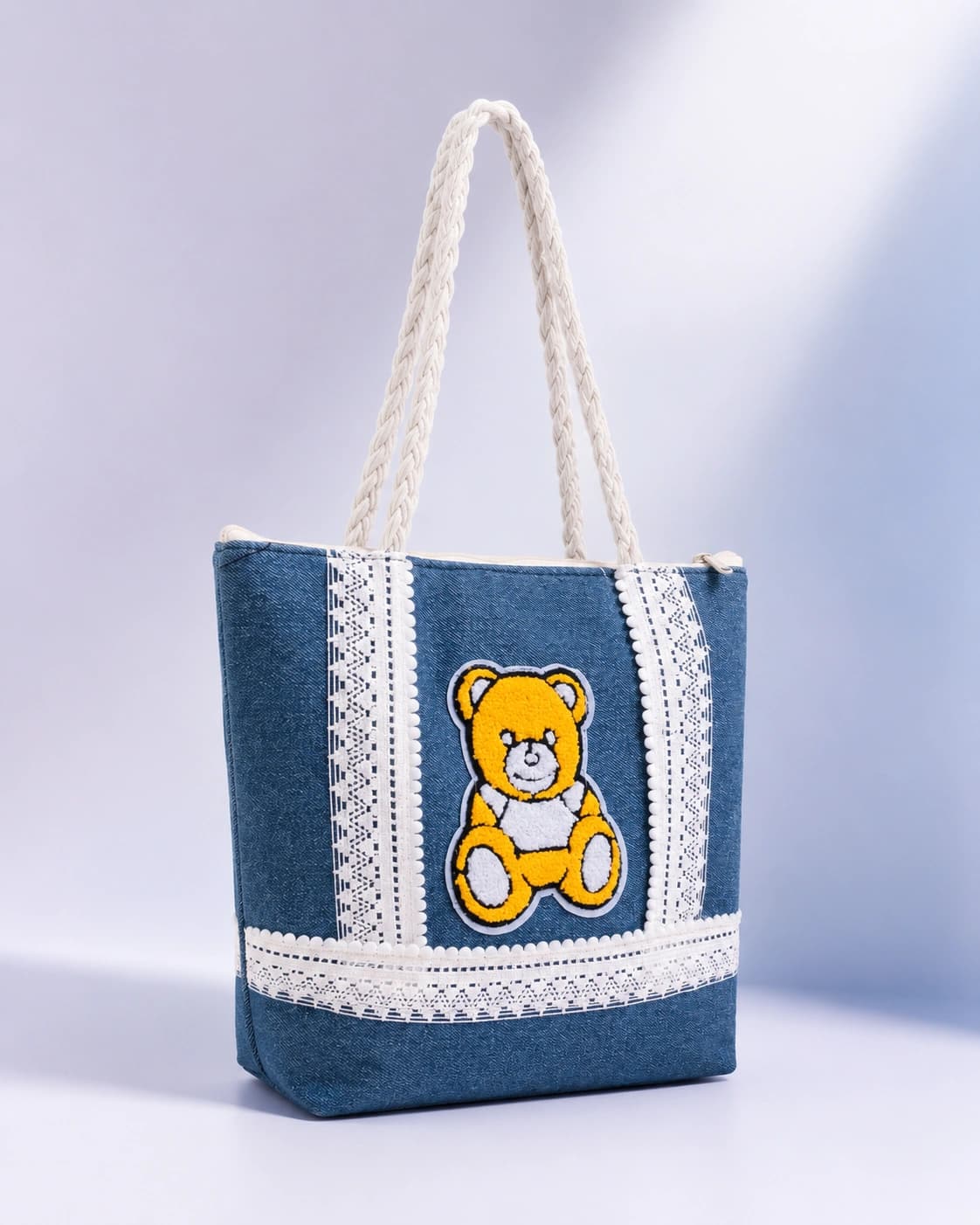 Blue Denim Tote Bag with Sitting Teddy Patch