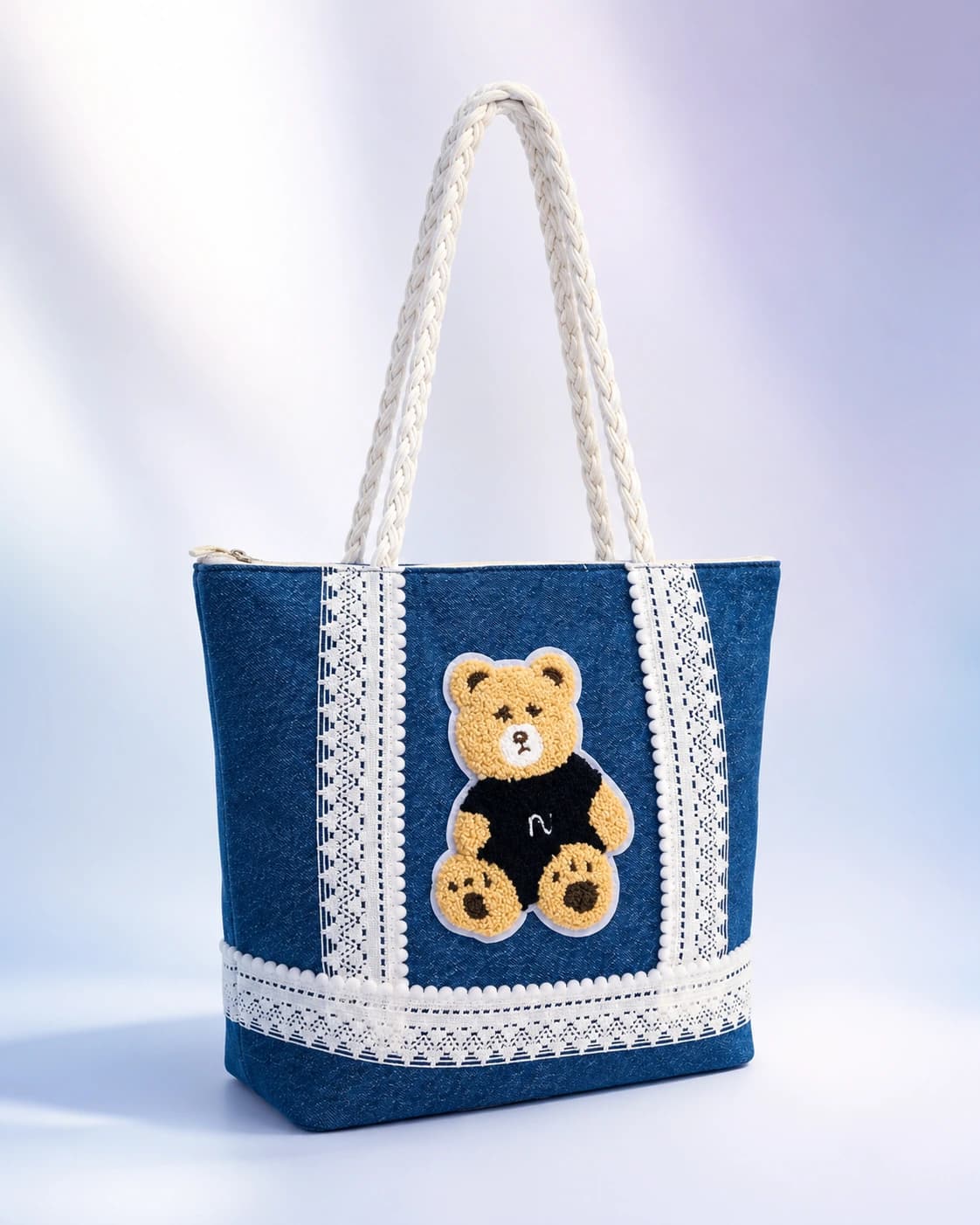 Blue Denim Tote Bag with Yellow Teddy Patch