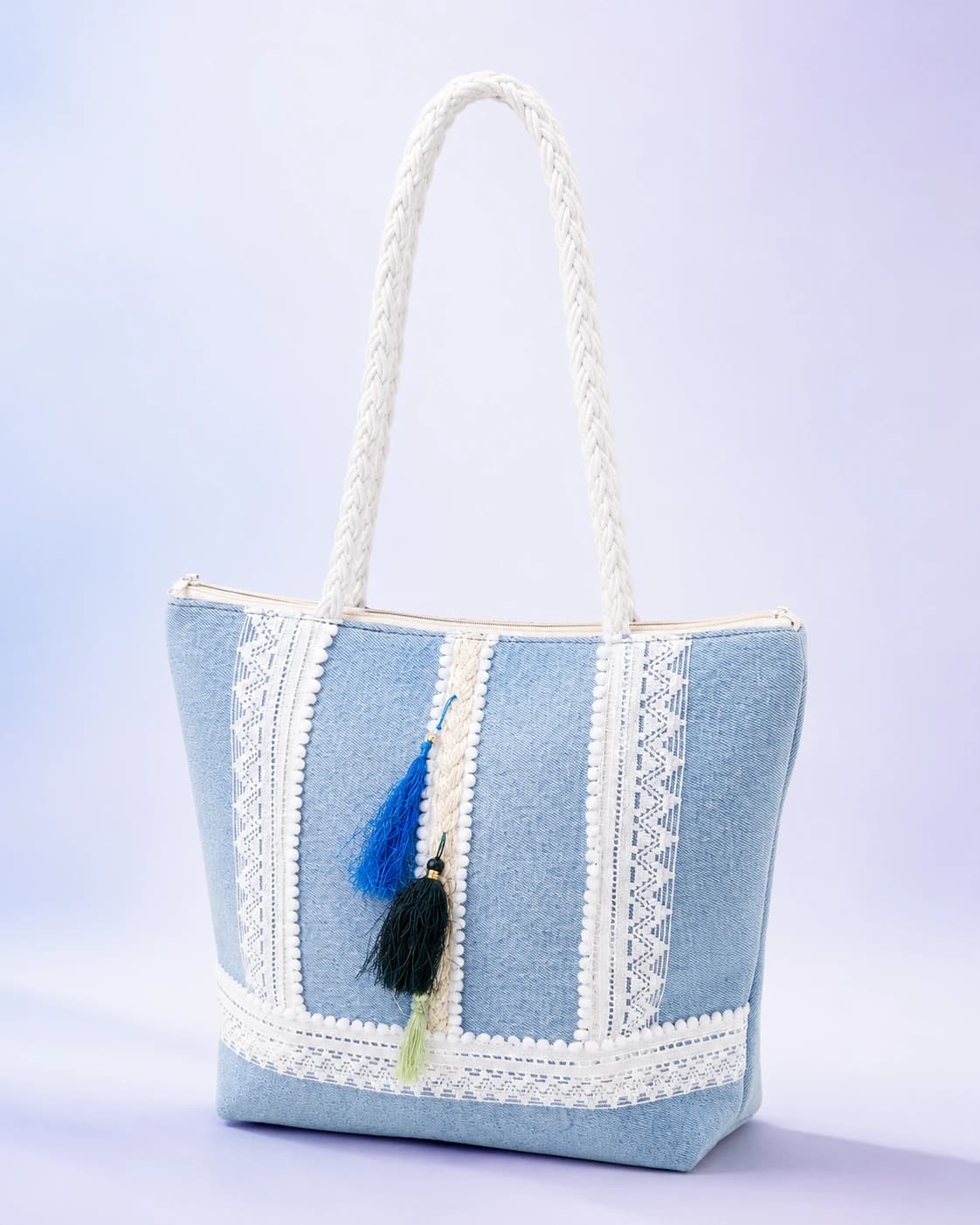 Light Blue Denim Tote Bag with Tassel Accent
