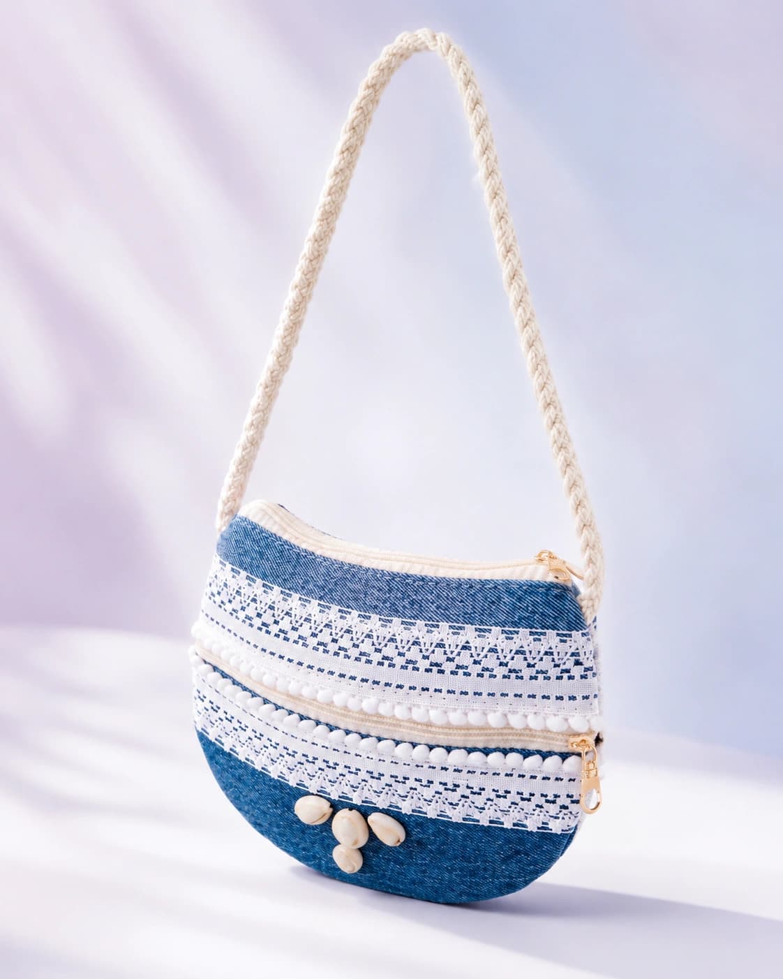 Blue Crescent Shoulder Bag with Floral Charm Detail