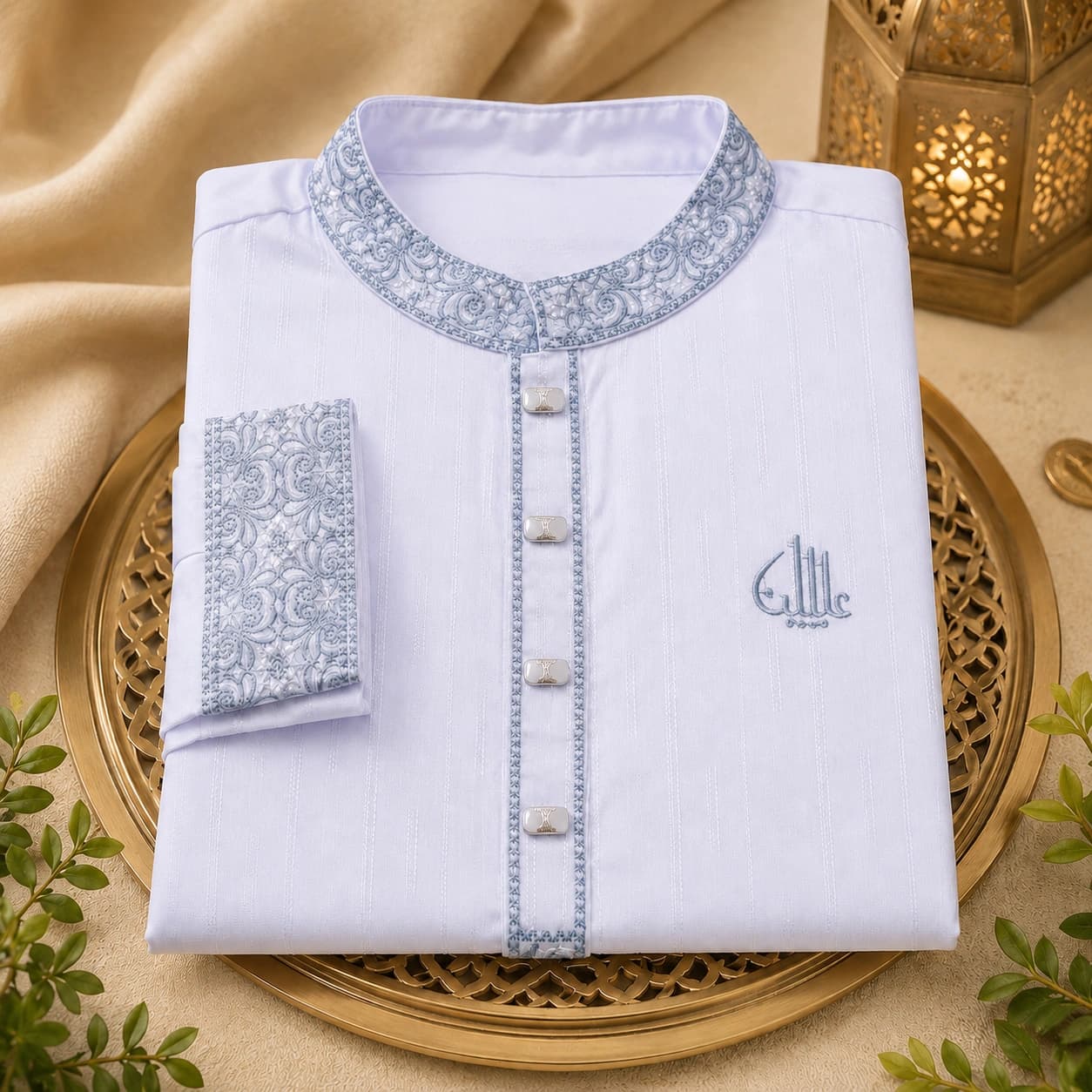 White Panjabi with Grey Patterned Collar